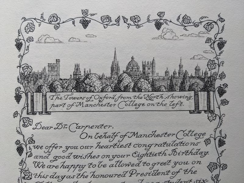 A line drawing of the Oxford skyline with birthday wishes to Carpenter on his 80th birthday underneath.