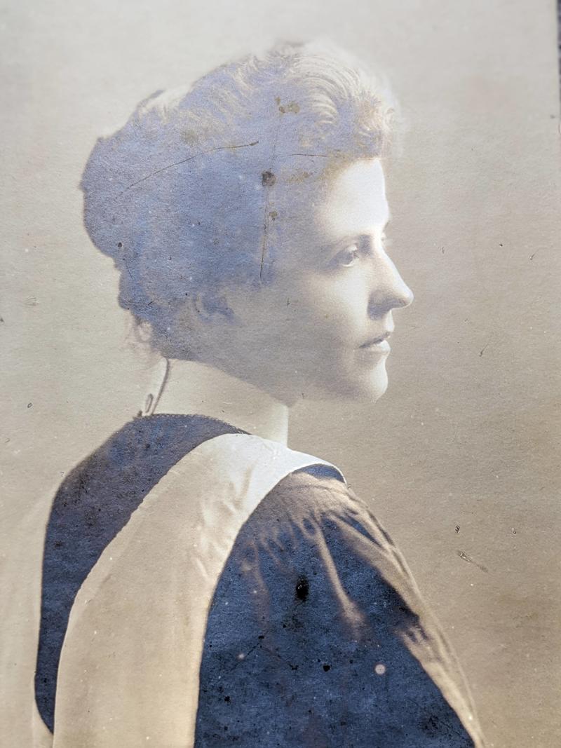 A black and white portrait head shot of a female (Gertrude von Petzold) 