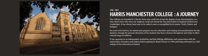 A screen shot of a webpage with a photograph of the college building on the left hand side with text on the right hand side.  The title says Harris Manchester College: a journey