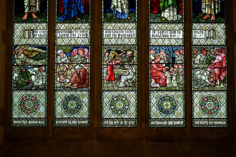 hmc chapel detail of stained glass windows