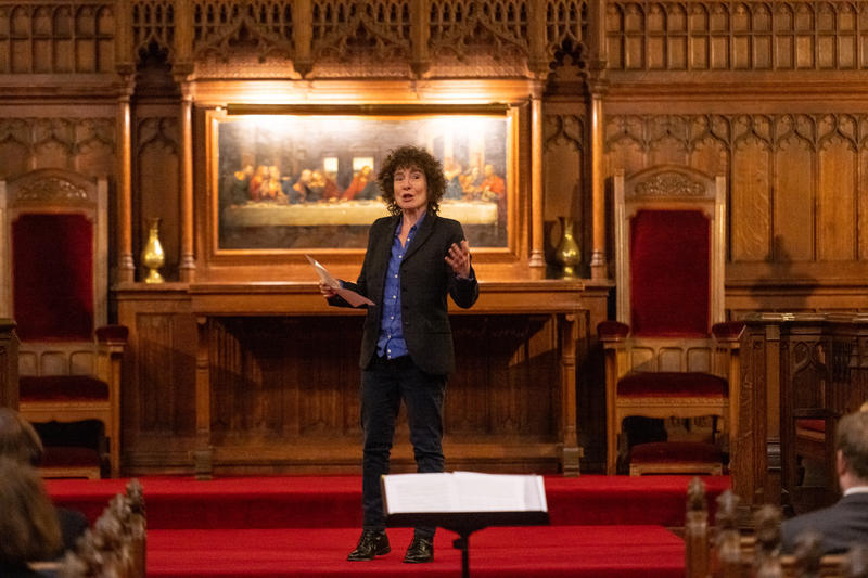 Dr Jeanette Winterson reading On the Cackling of a Hen by John Bunyan in the college chapel