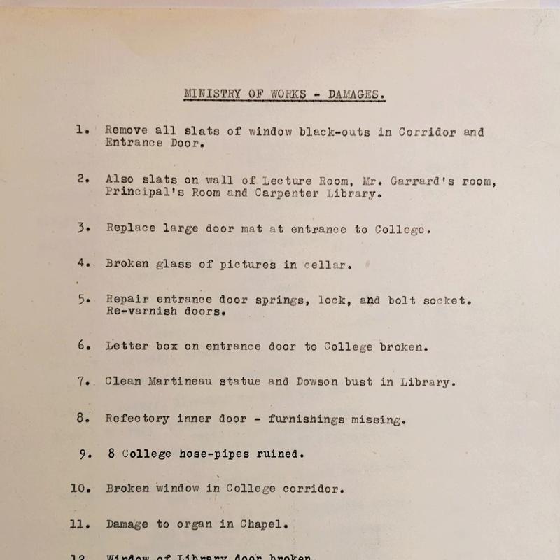Damage to college list A typed list detailing damage to premises