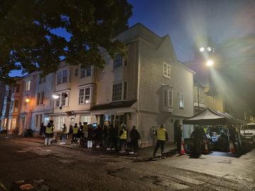A film crew at dusk on Holywell Street, Oxford