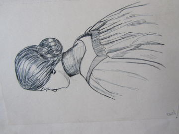 A black and white pencil sketch of a female in an academic gown from behind.  