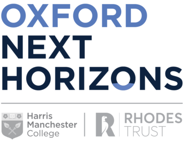 Logo for Oxford Next Horizons, with the Harris Manchester and Rhodes Trust logos below