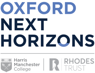 Oxford horizons with college logos 01 Logo for Oxford Next Horizons, with the Harris Manchester and Rhodes Trust logos below