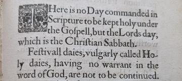 A close up of a phrase from a 1645 published work on Public Worship