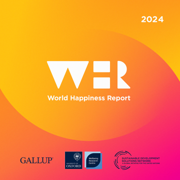 A stylised representation of the letters W, H, R with the words 'World Happiness Report' beneath. Below are the logos of Gallup, the University of Oxford, the Wellbeing Research Centre and the Sustainable Development Solutions Network