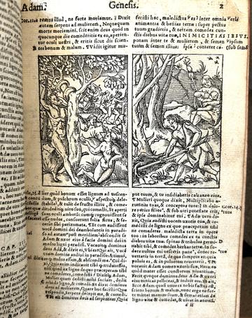 Black and white image of text with two woodcuts of biblical scenes