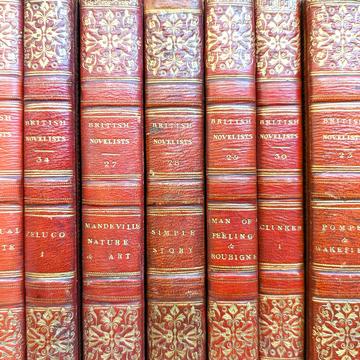 British novelist volumes A set of similar volumes on the shelf bound in red leather and gold decoration