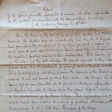 Special Committee held to discuss Owens College Handwritten report of a Committee meeting