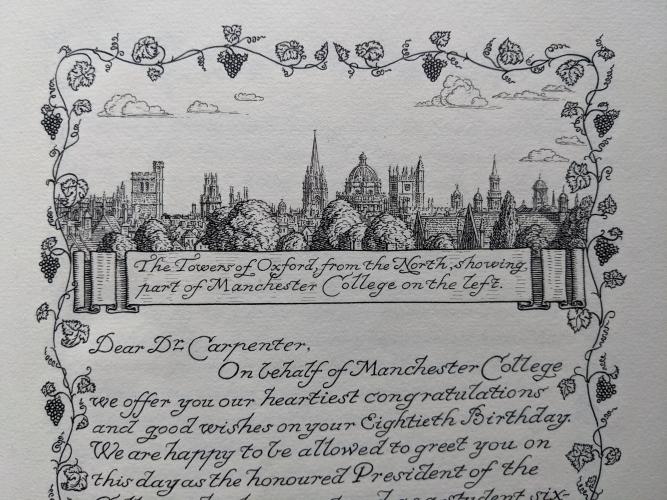 A line drawing of the Oxford skyline with birthday wishes to Carpenter on his 80th birthday underneath.
