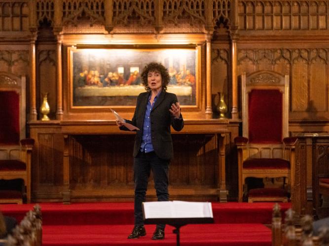 Dr Jeanette Winterson reading On the Cackling of a Hen by John Bunyan in the college chapel