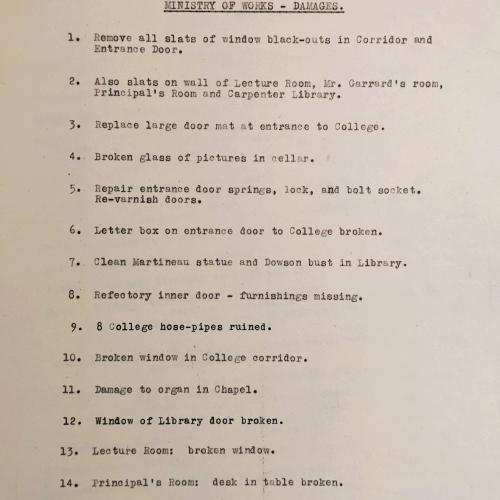 A typed list detailing damage to premises