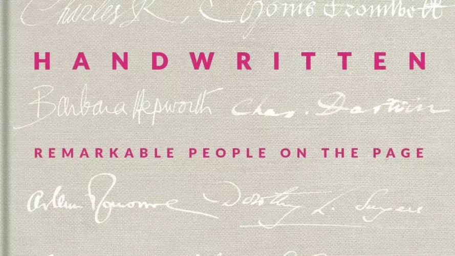Image of the front cover of Handwritten: remarkable people on the page. The cover is light grey, with the signatures of famous writers picked out in white. 