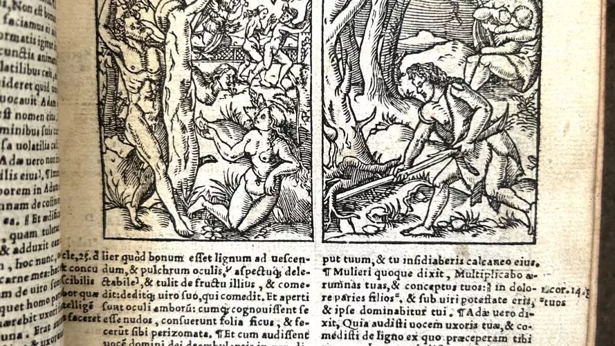 Black and white image of text with two woodcuts of biblical scenes