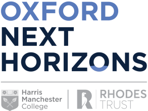 Logo for Oxford Next Horizons, with the Harris Manchester and Rhodes Trust logos below
