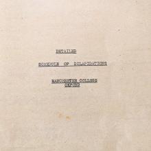 A title sheet of a report with Detailed Schedule of Dilapidations, Manchester College Oxford, June 1947 on the cover