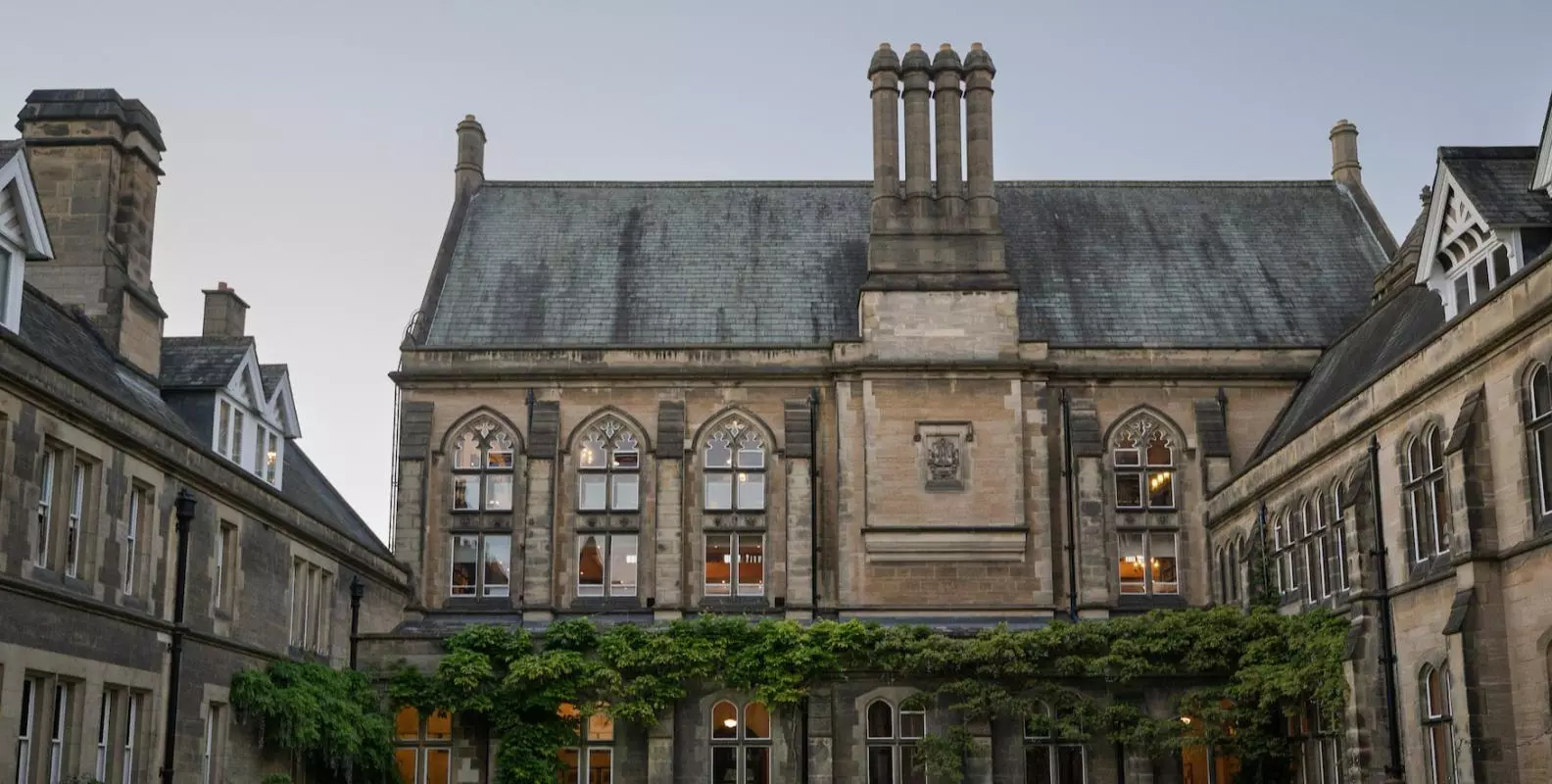 The college quad at dusk