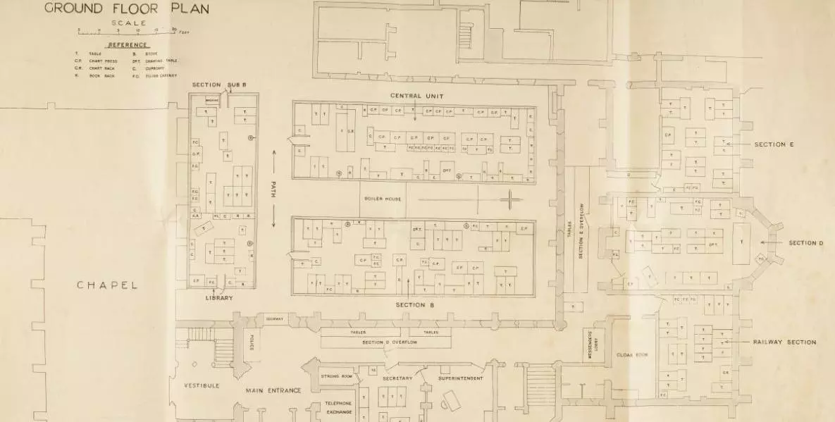 A detailed picture of a floorplan of the college.  Each room has tables, filing cabinets and other equipment listed. 