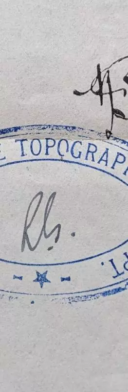 A blue stamp with the words Inter-Service Topographical Dept printed in blue