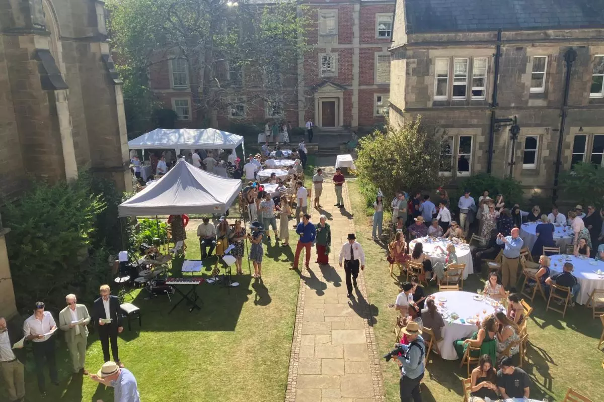 Aerial view of a college garden party